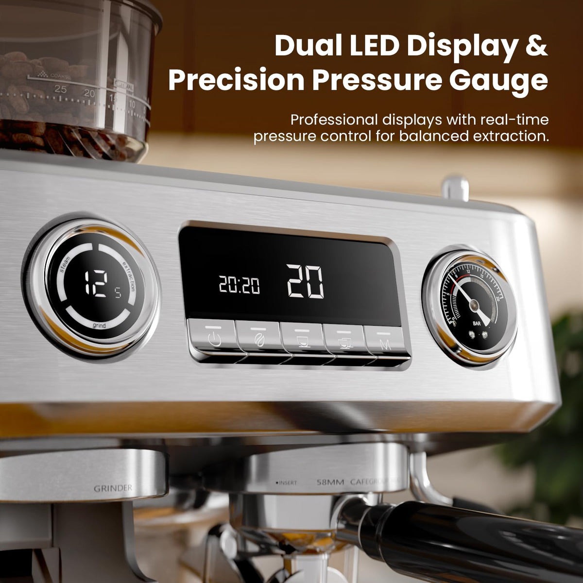 20 Bar Dual Boiler Espresso Machine with Grinder & Milk Steamer M5004