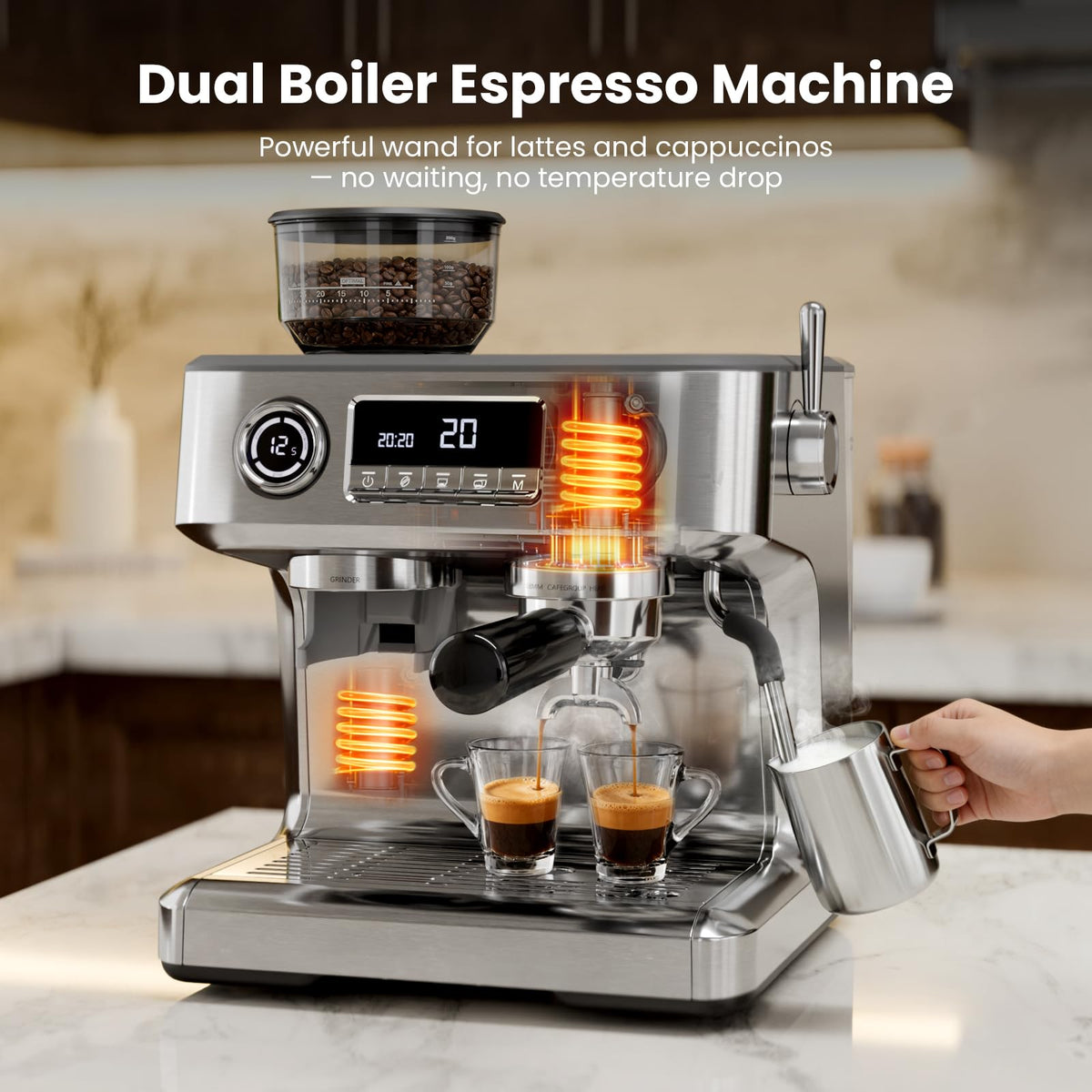 20 Bar Dual Boiler Espresso Machine with Grinder & Milk Steamer M5004