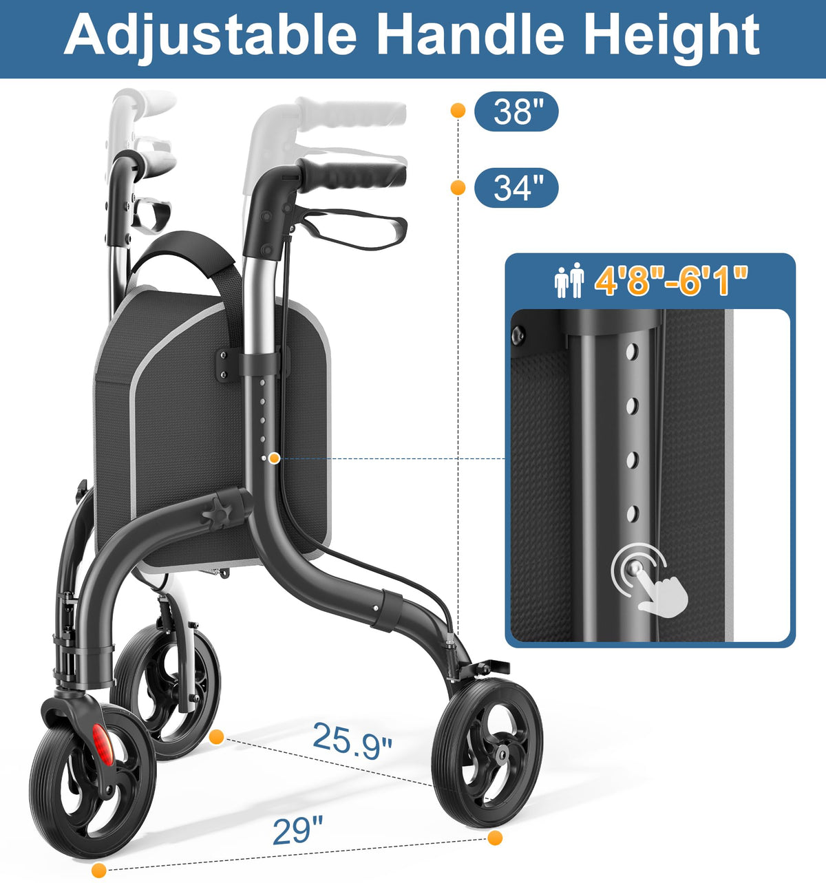Foldable 3 Wheel Walkers Lightweight Aluminum Frame H61727