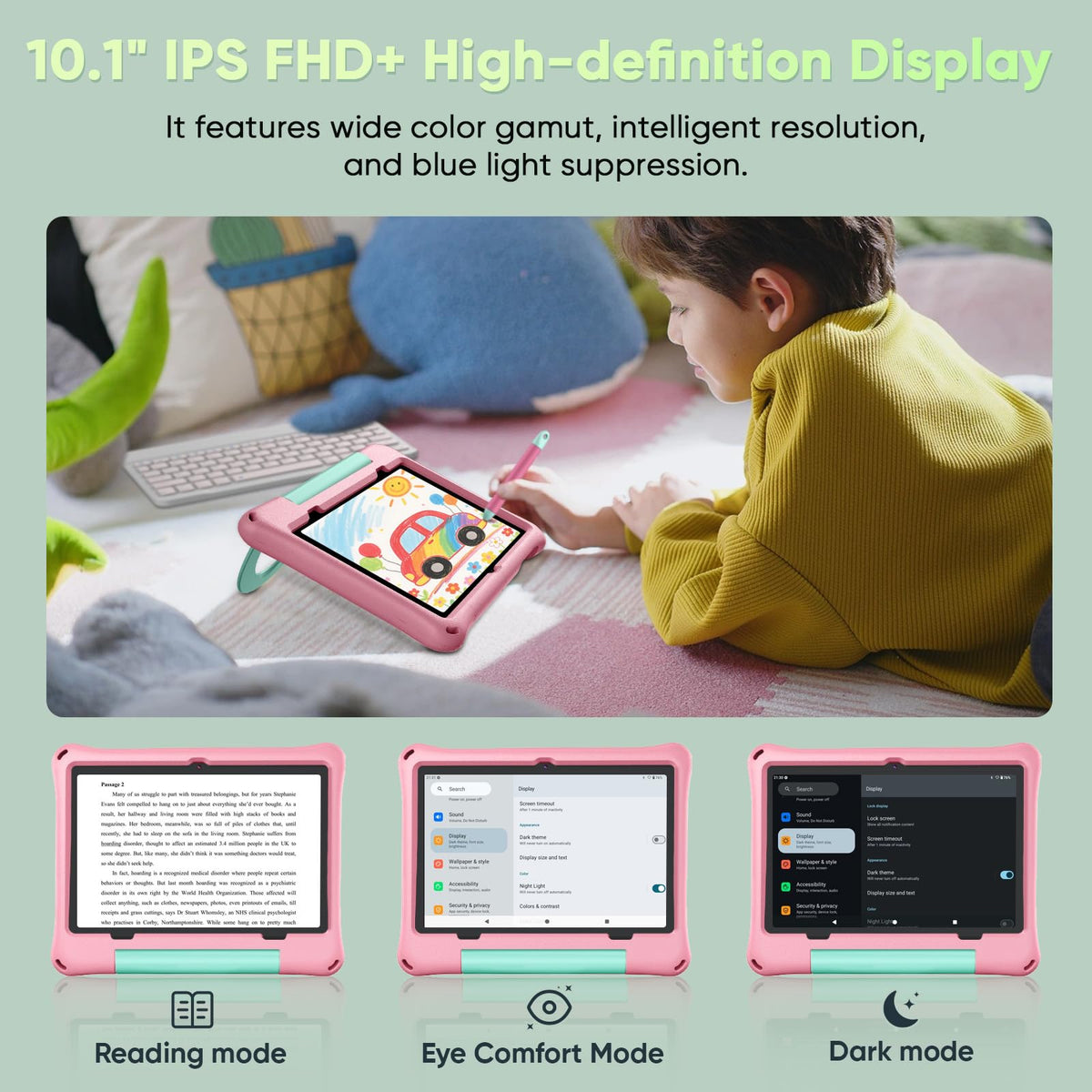 Kids Tablet 10 inch Octa-Core 30GB RAM 64GB ROM with Case Keyboard Mouse Stylus Pink R7540
