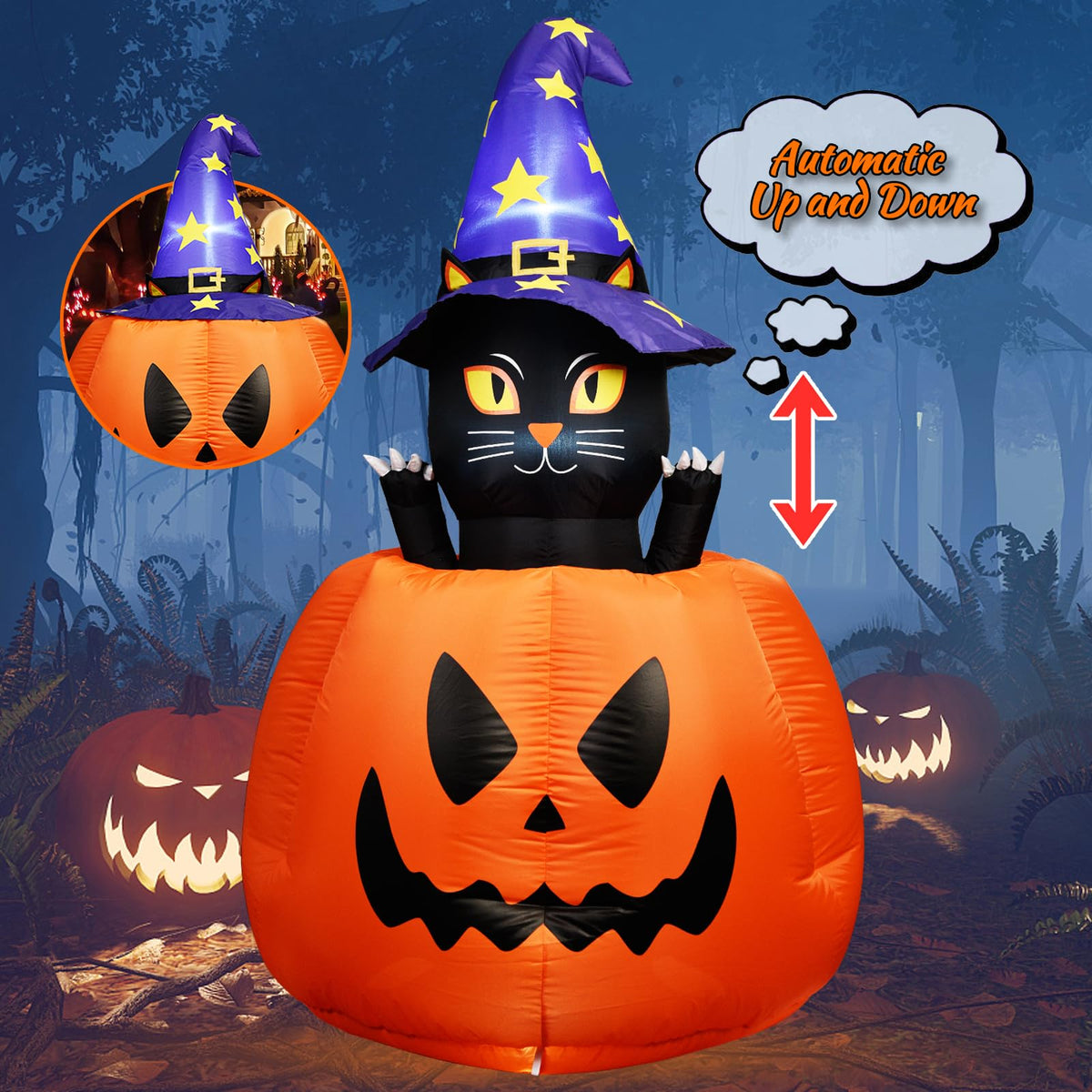 Halloween Inflatable Animated Witch Cat in Pumpkin N96136