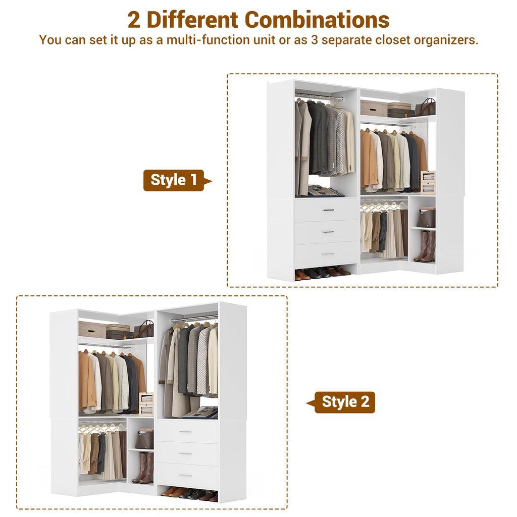 White L-Shaped Closet System with 3 Drawers S46487