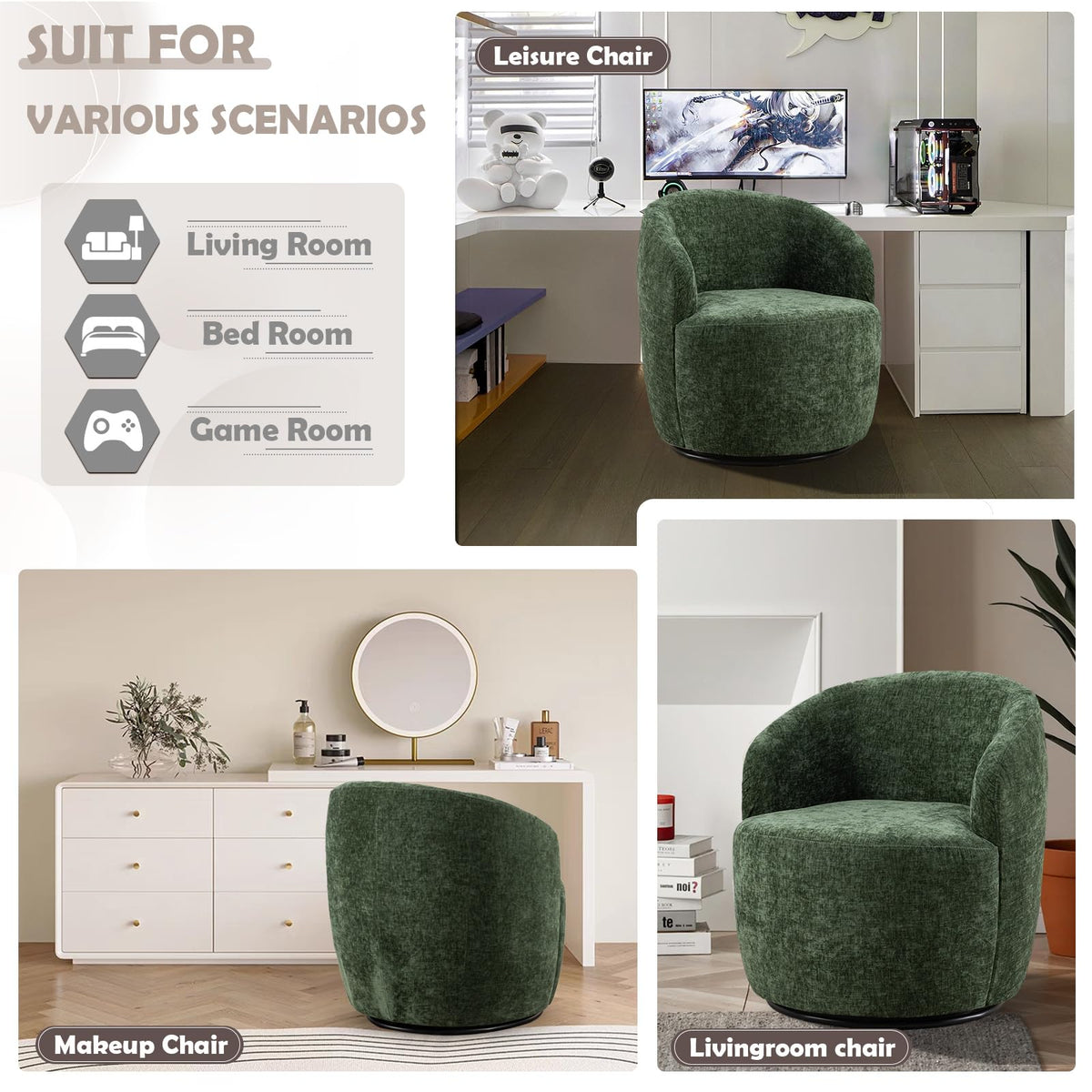 Green Chenille Swivel Barrel Chair A58307