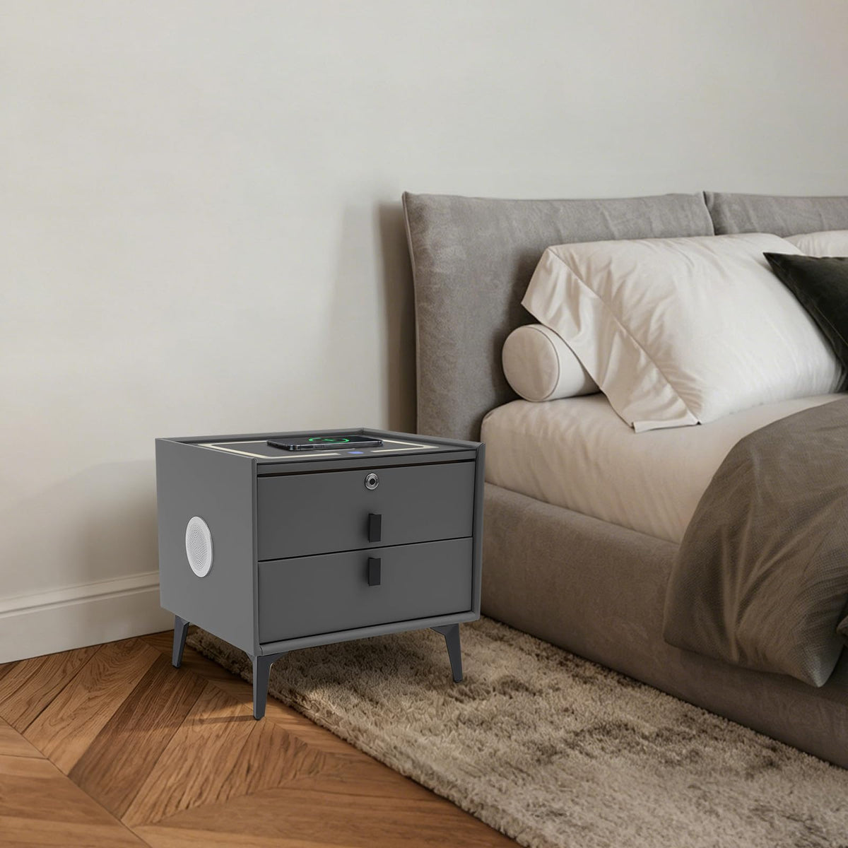 Smart Nightstand with Fingerprint Lock, Wireless Charging & 2-Drawer U327
