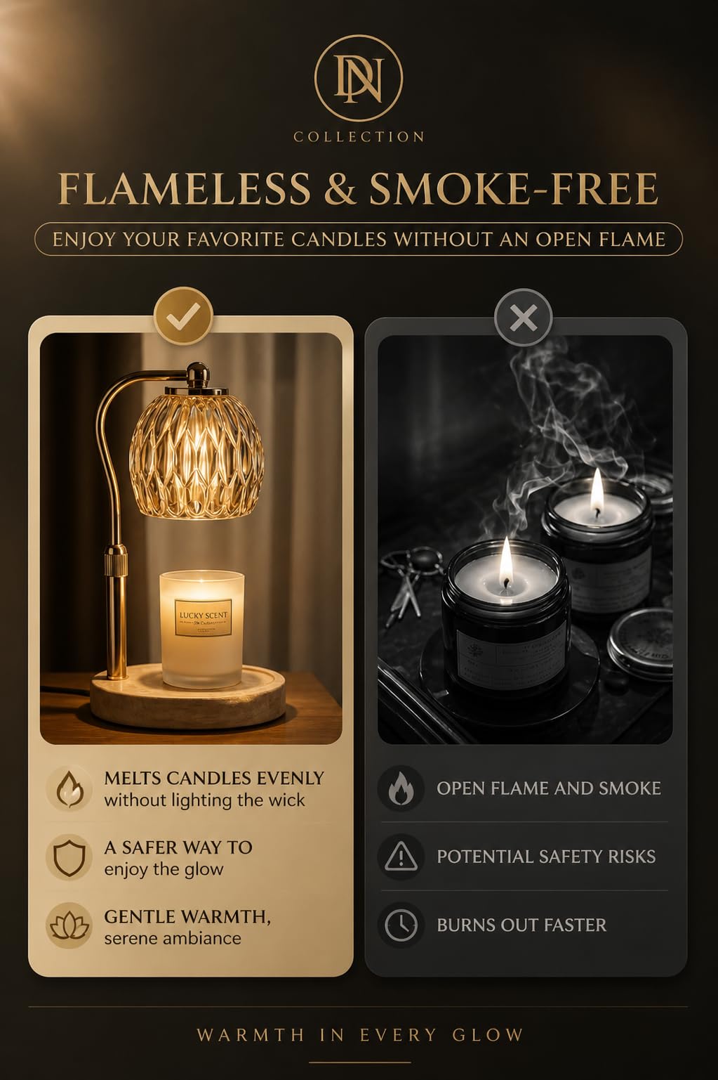 Candle Warmer Lamp with Timer & Dimmer, Adjustable Height, Crystal Glass Shade, Wooden Base, Gold Z25100