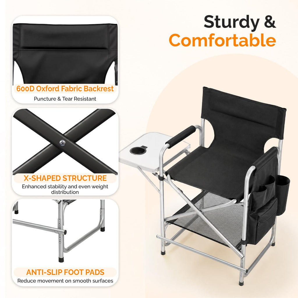Black Foldable Makeup Chair with Side Table & Footrest Z38037