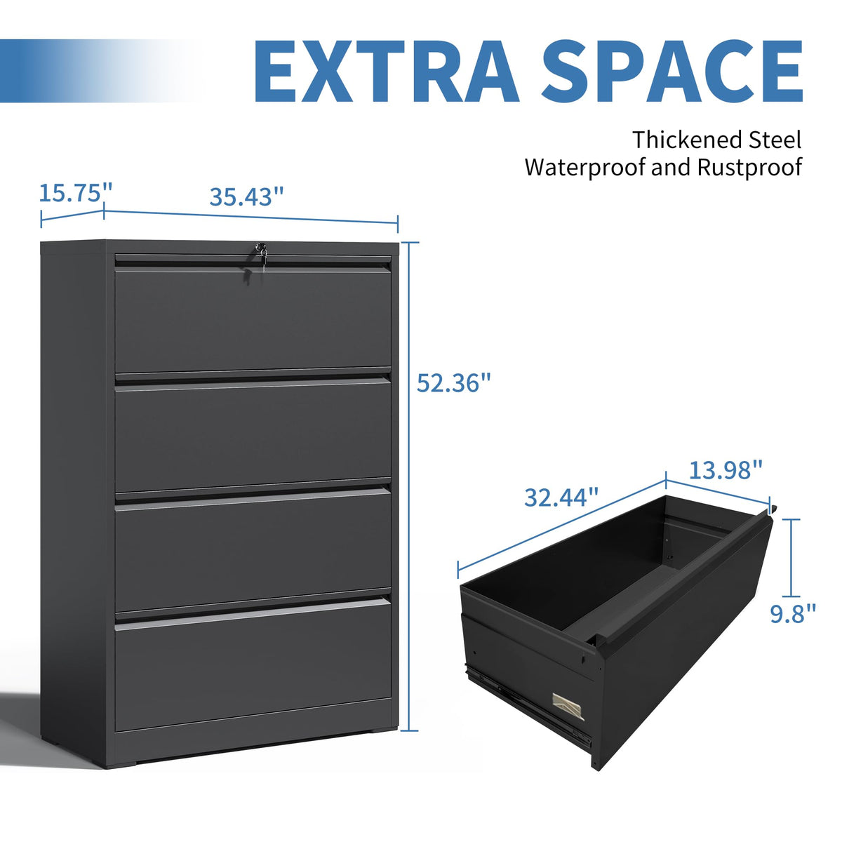Black 4 Drawer Metal Lateral File Cabinet with Lock G13504