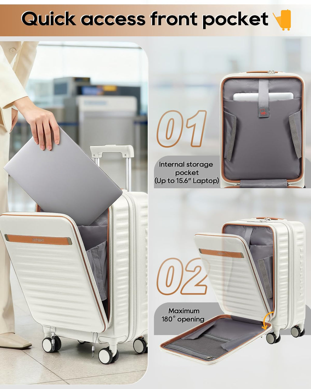 20 Inch Carry On Luggage with Front Pocket and Cup Holder, White G7280