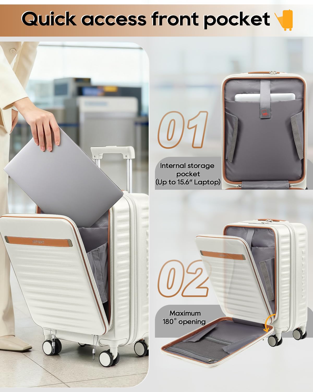20 Inch Carry On Luggage with Front Pocket and Cup Holder, White G7280