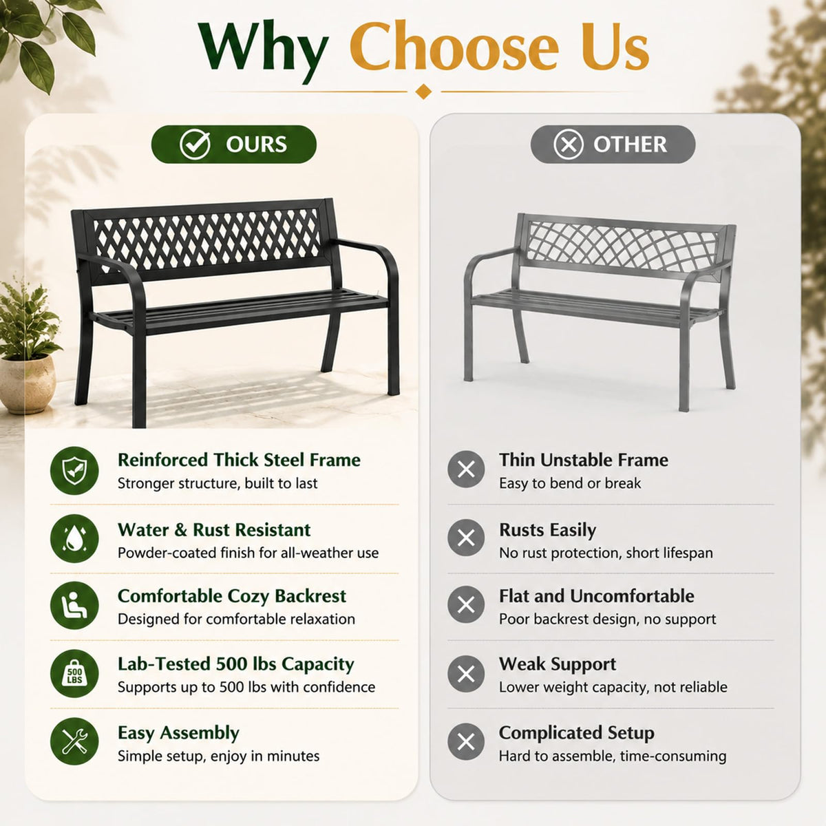 47" Black Outdoor Bench with Backrest X7730