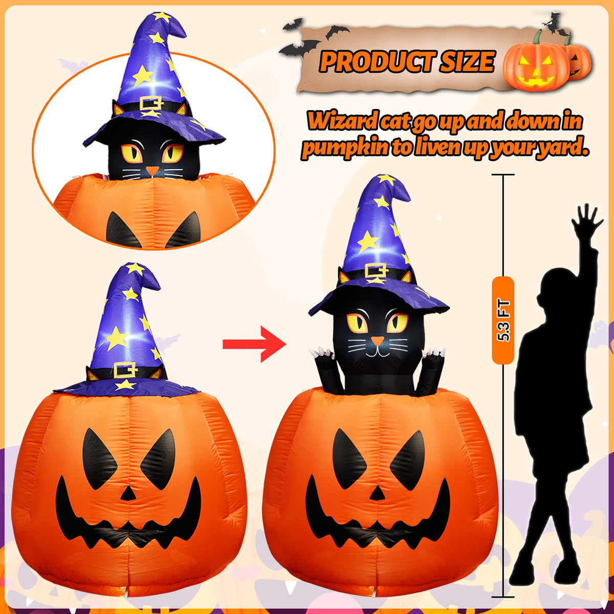 Halloween Inflatable Animated Witch Cat in Pumpkin N96136