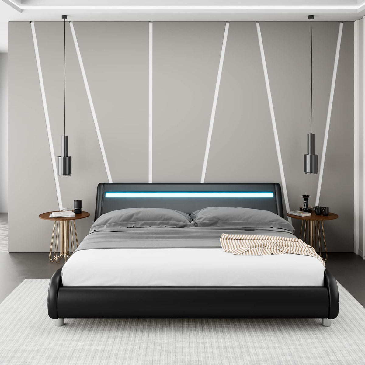 Black Upholstered Full LED Platform Bed Frame with Headboard O9245