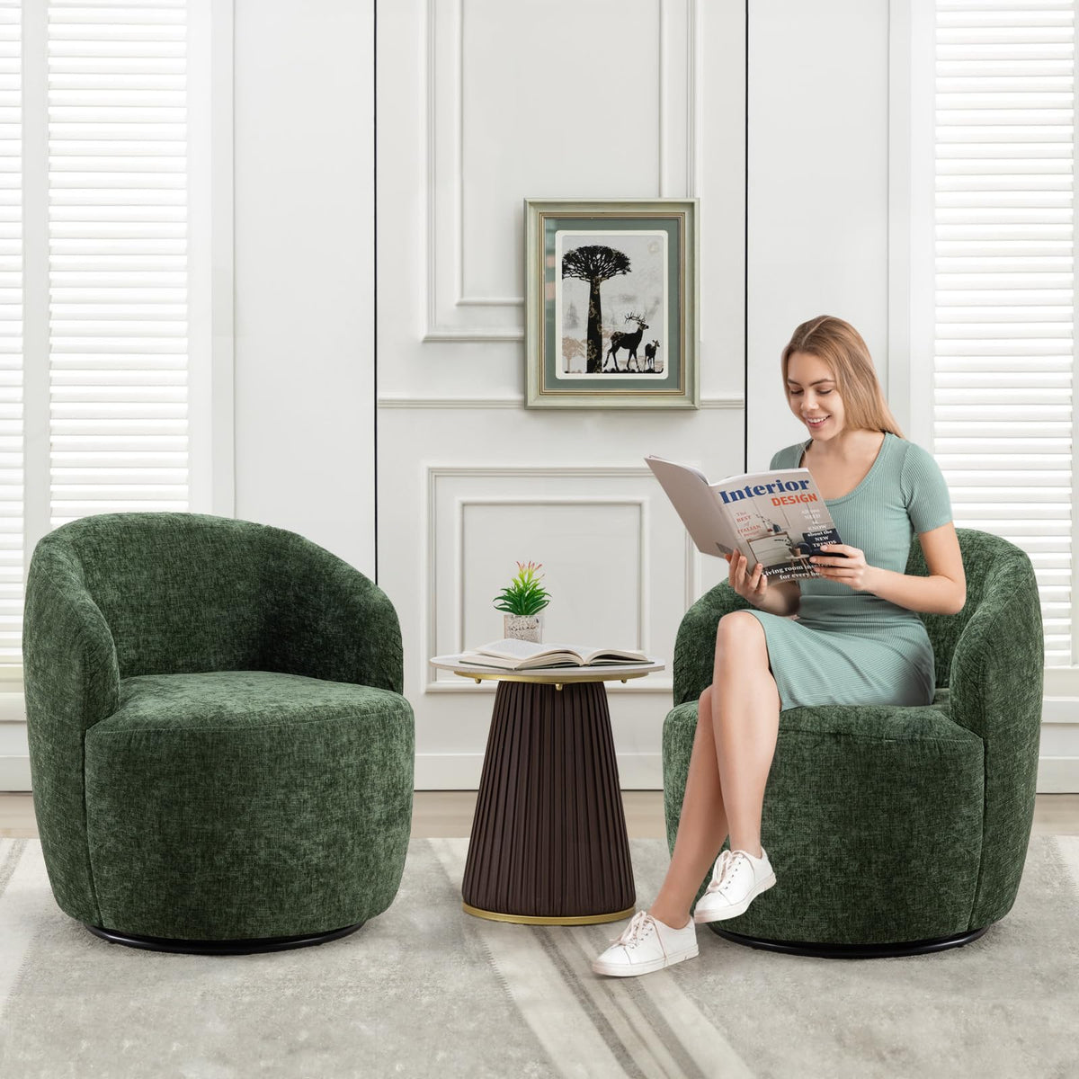 Green Chenille Swivel Barrel Chair A58307