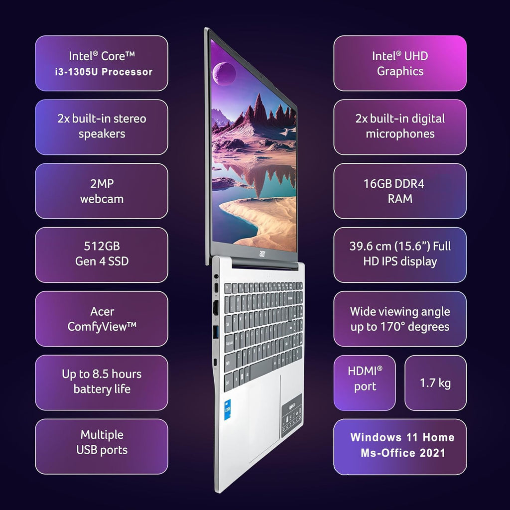 Slim Laptop Intel Core I3 8GB RAM 256GB SSD 15.6" FHD Windows 11 U1262