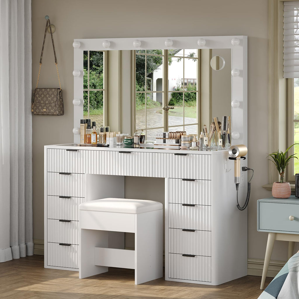 47" White Vanity Desk with 3-Color LED Mirror & 11 Drawers I160000