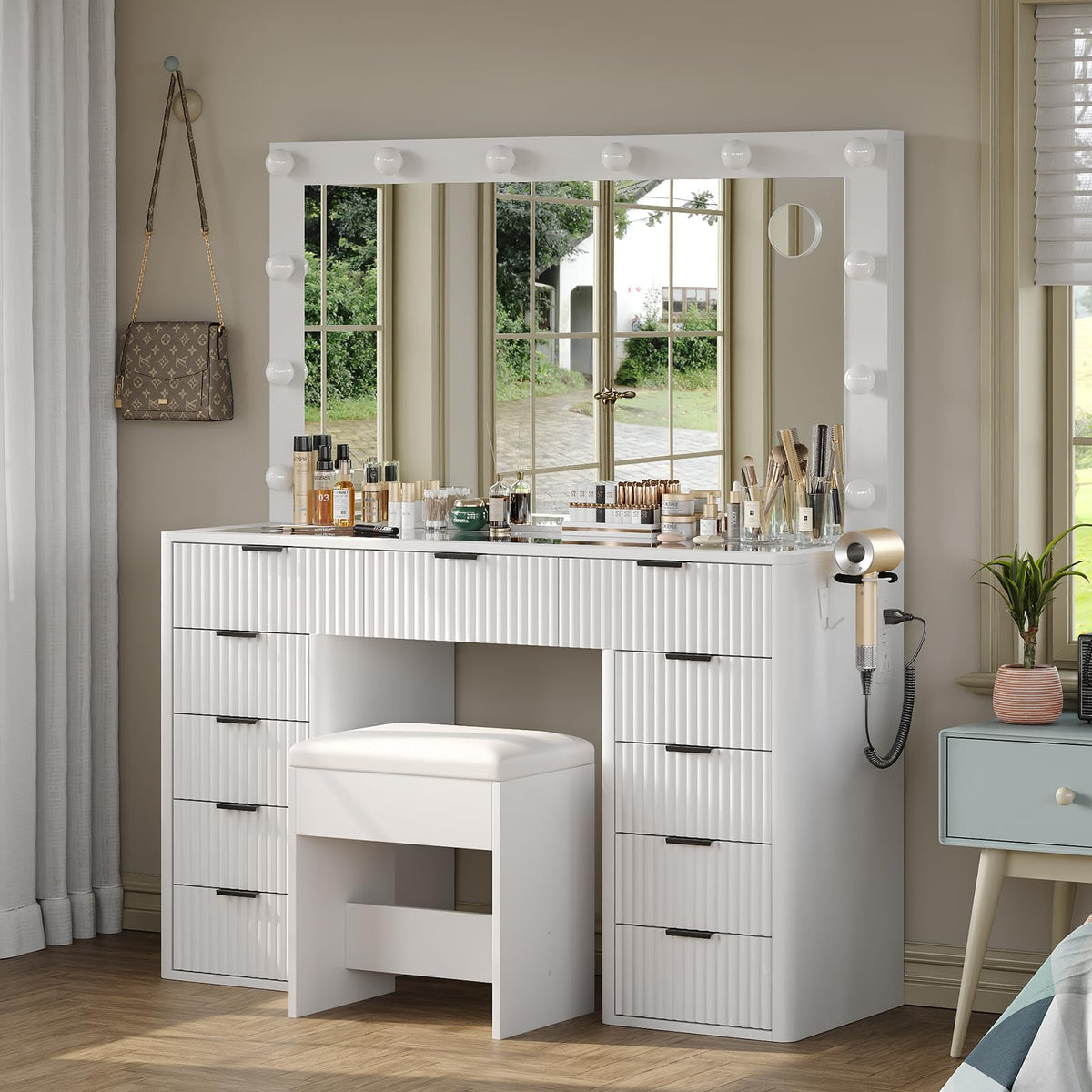 47" White Vanity Desk with 3-Color LED Mirror & 11 Drawers I160000
