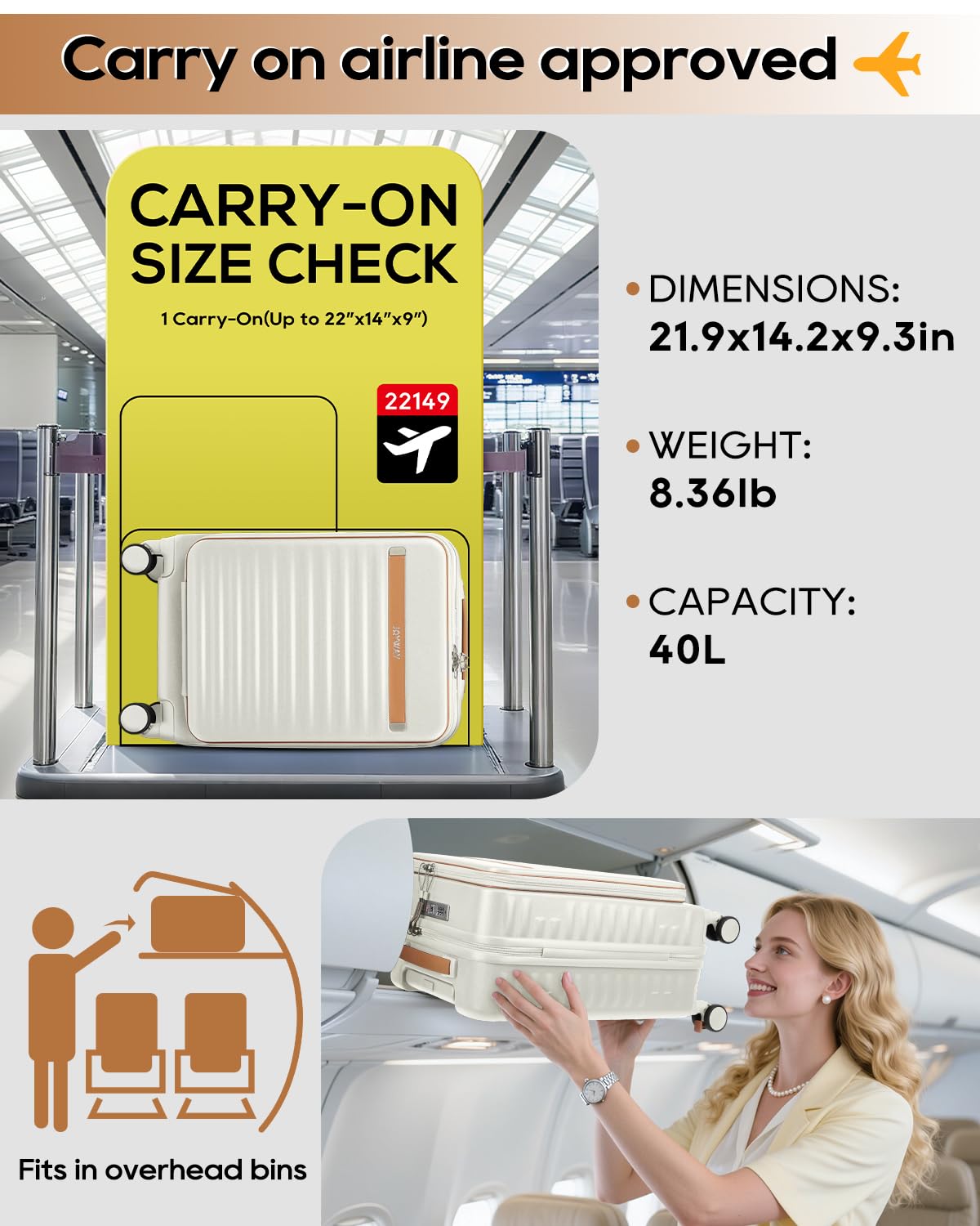 20 Inch Carry On Luggage with Front Pocket and Cup Holder, White G7280