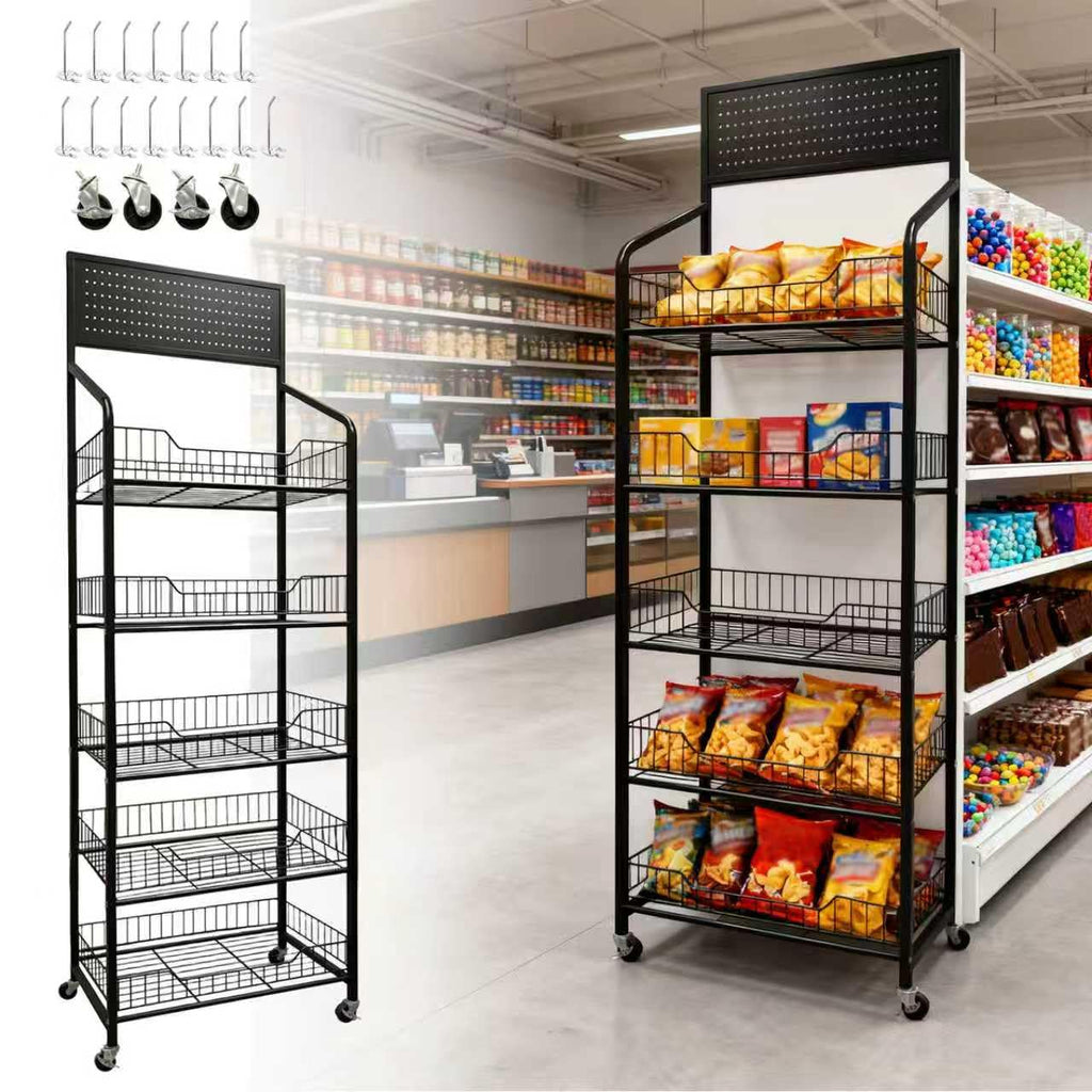 5 Tier Metal Candy Display Rack with Wheels & 15 Hooks J52286