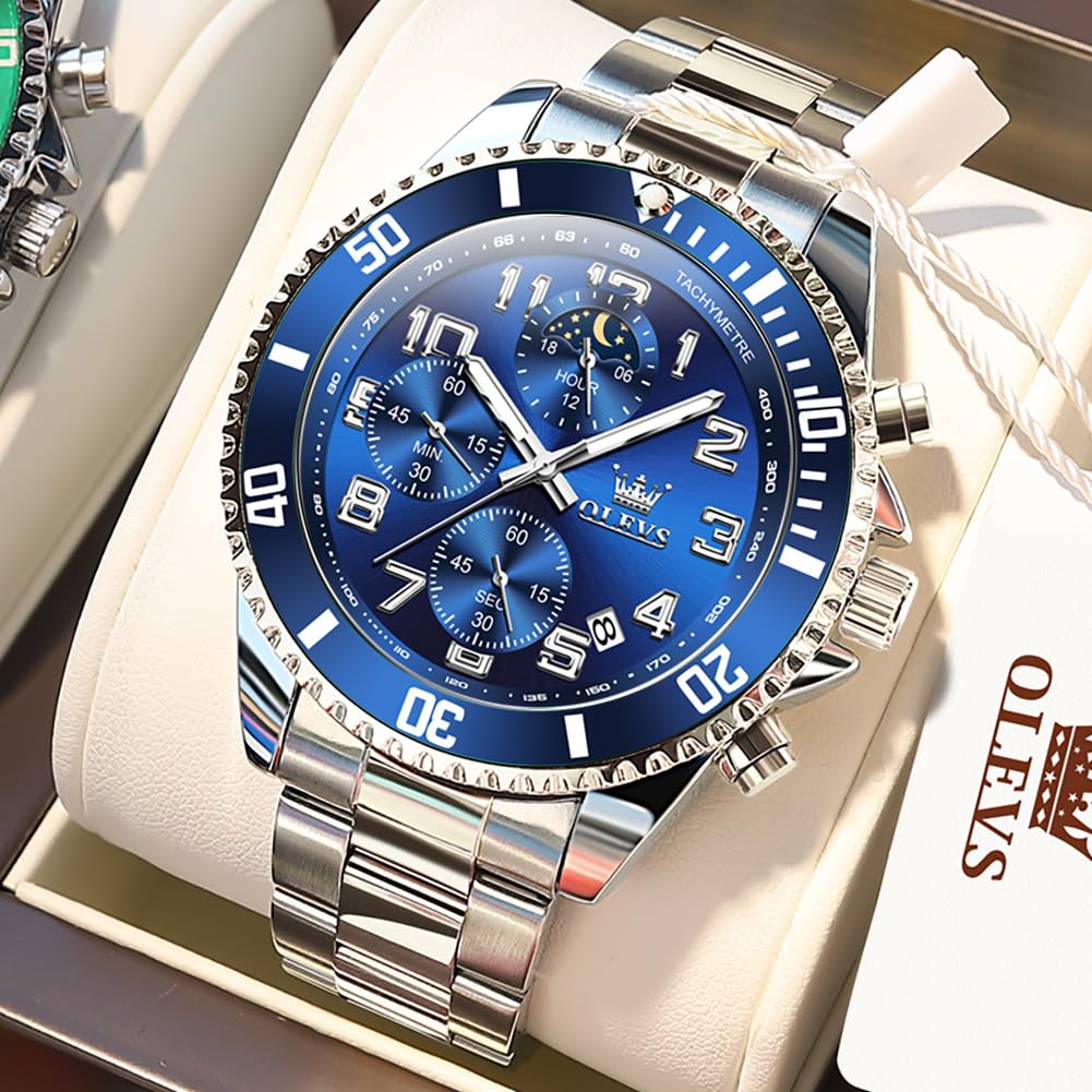 Mens Chronograph Moon Phase Two Tone Stainless Steel Waterproof Luminous Wrist Watch J659