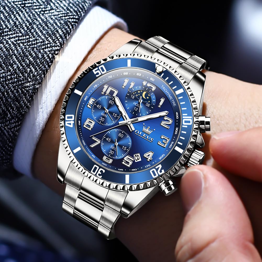 Mens Chronograph Moon Phase Two Tone Stainless Steel Waterproof Luminous Wrist Watch J659