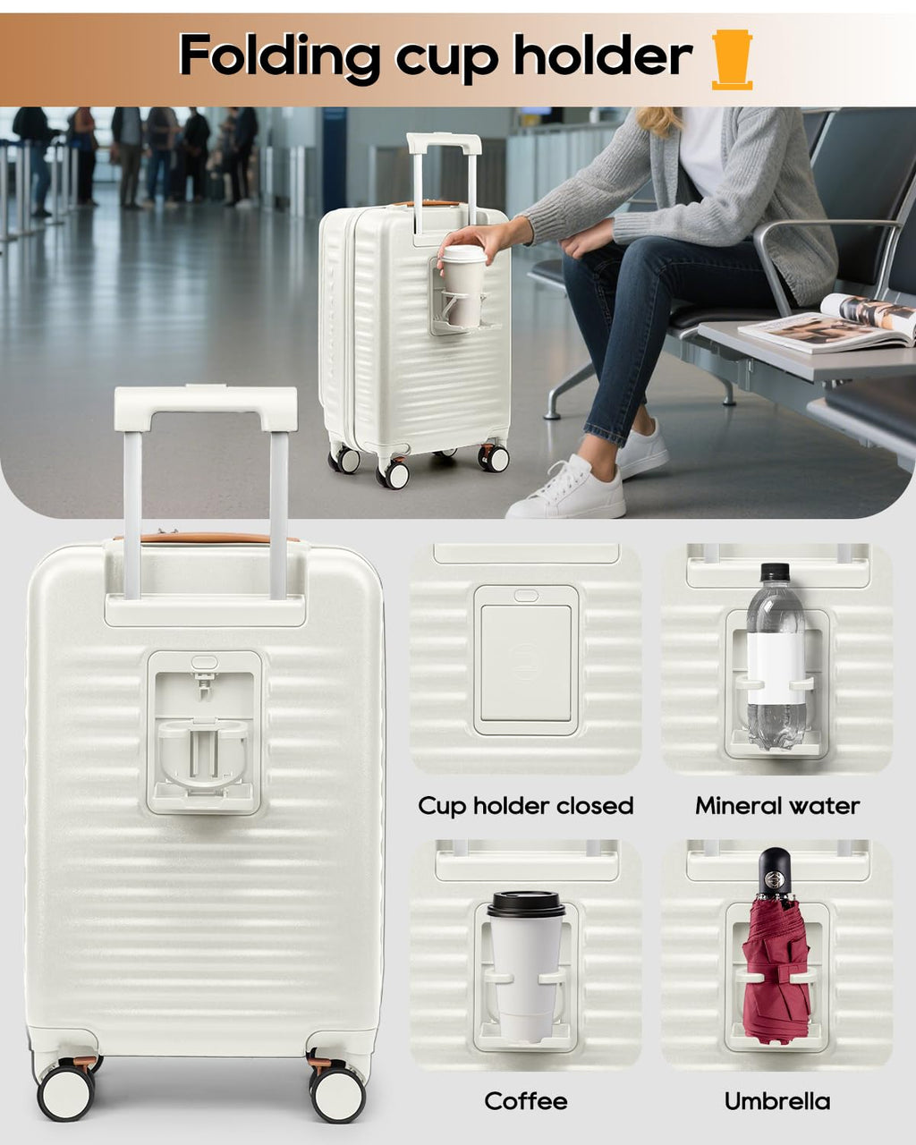 20 Inch Carry On Luggage with Front Pocket and Cup Holder, White G7280