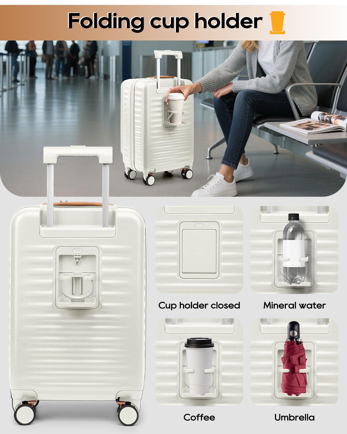 20 Inch Carry On Luggage with Front Pocket and Cup Holder, White G7280