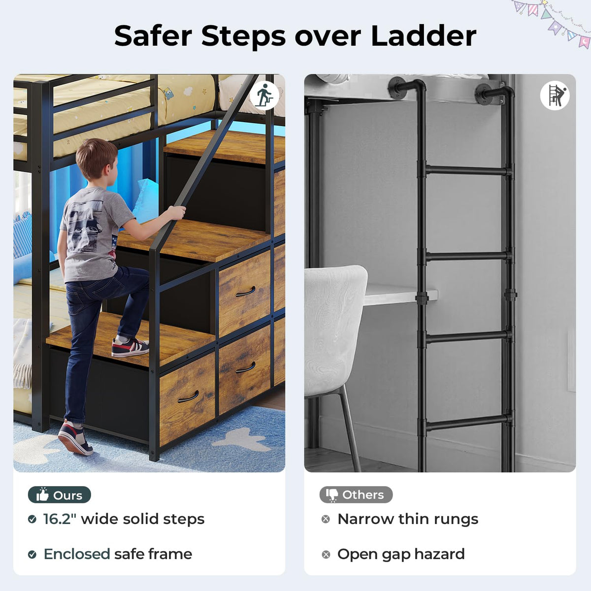 Twin Size L-Shaped Triple Bunk Beds with Staircase & 6 Storage Drawers U988980