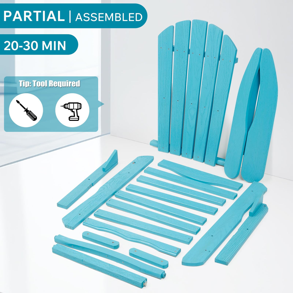 Folding Adirondack Chairs Set of 2 Solid Wood Turquoise Blue J3855