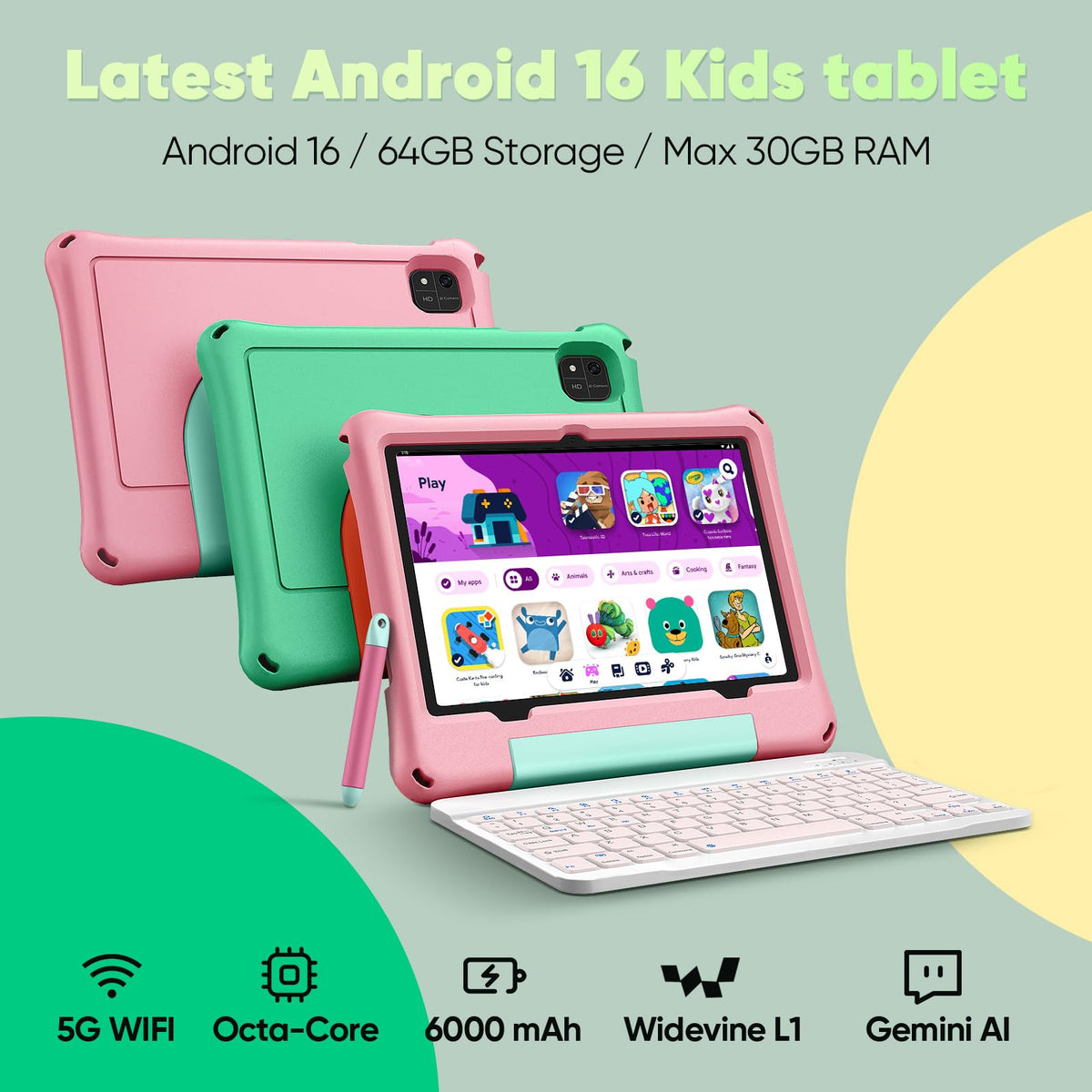 Kids Tablet 10 inch Octa-Core 30GB RAM 64GB ROM with Case Keyboard Mouse Stylus Pink R7540