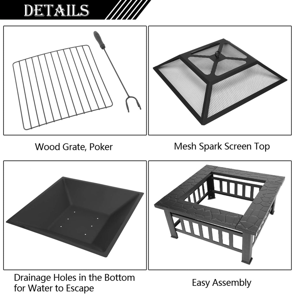 32 Inch Square Wood Burning Iron Fire Pit E29364