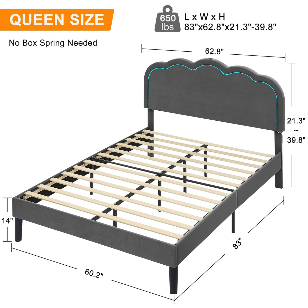 Queen Size Velvet Upholstered Platform Bed Frame with Headboard A80795