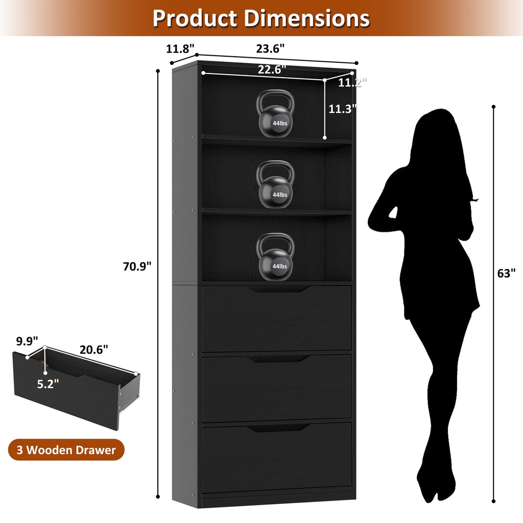 71” Tall Wood Bookshelf with 3 Drawers V9057