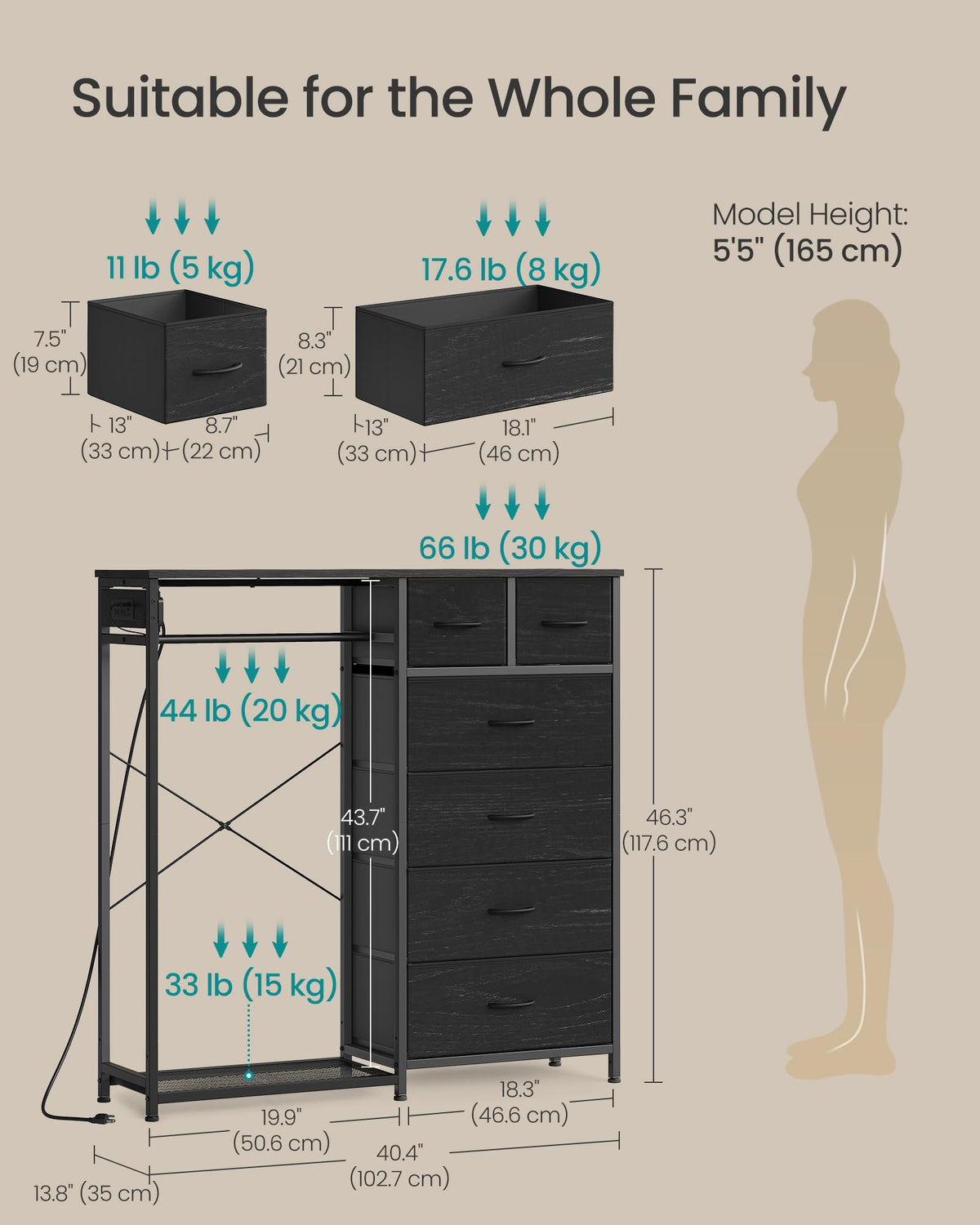 Dresser with Hanging Rod, Closet Organizer with 6 Fabric Drawers R660