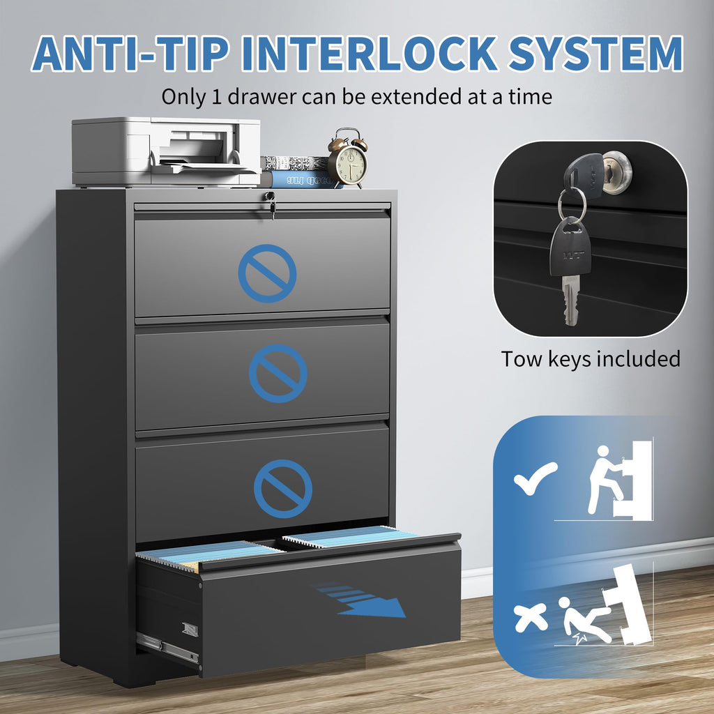 Black 4 Drawer Metal Lateral File Cabinet with Lock G13504