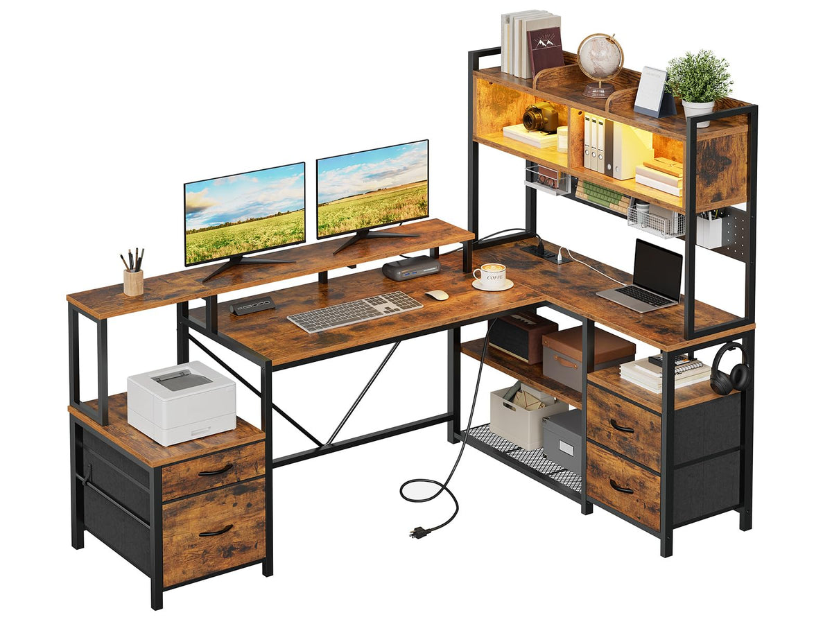 L Shaped Gaming Desk with Storage Drawers & Shelves T628108