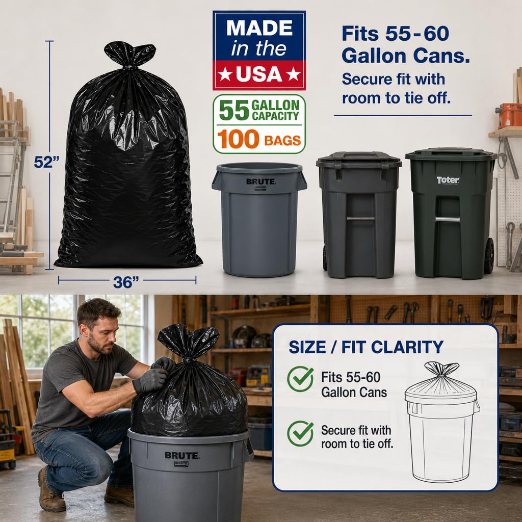 Heavy Duty Black 55-60 Gallon Trash Bags 100 Count I642