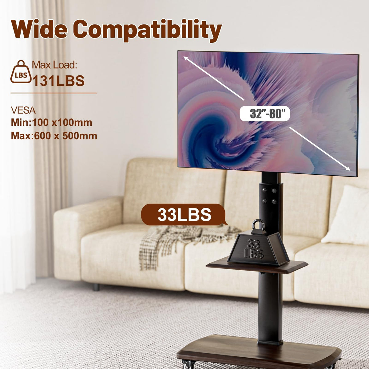 Rolling TV Stand with Power Outlet for 32 to 80 inch TVs C189