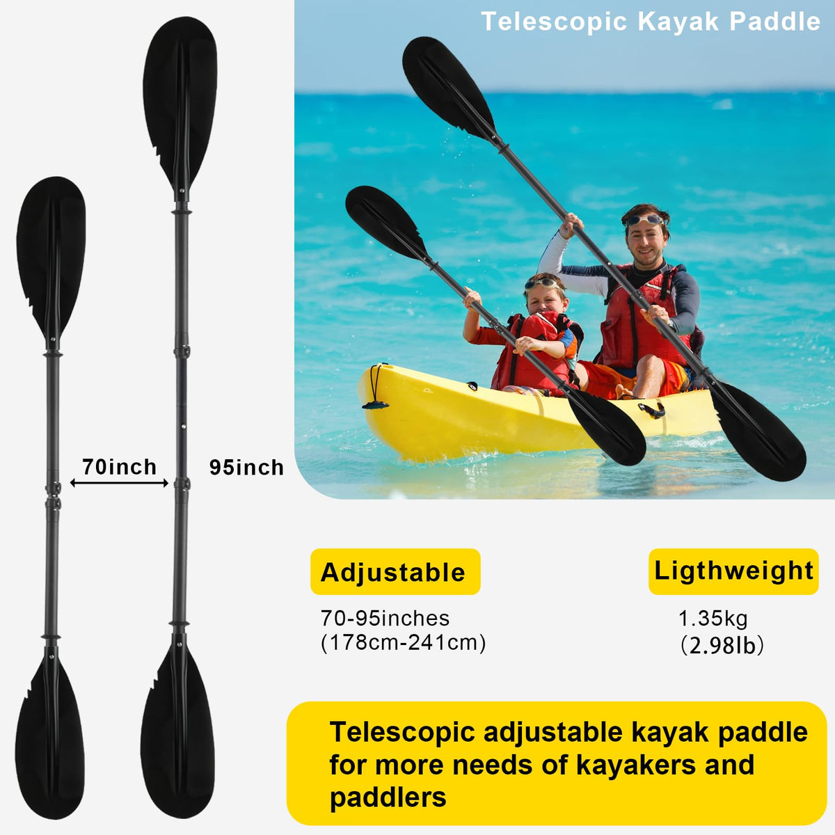 Telescopic Canoe Paddle 70inch to 95inch Black S4247