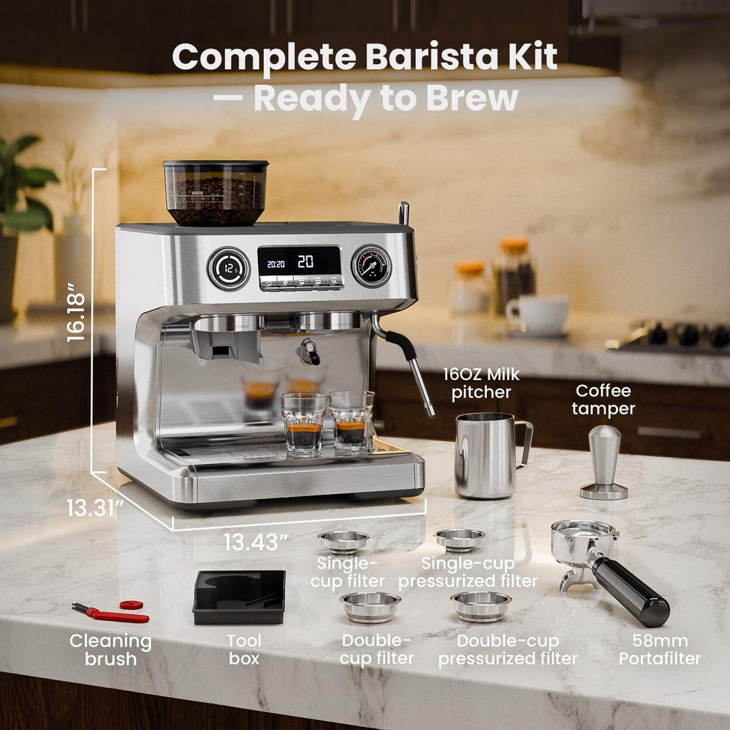 20 Bar Dual Boiler Espresso Machine with Grinder & Milk Steamer M5004