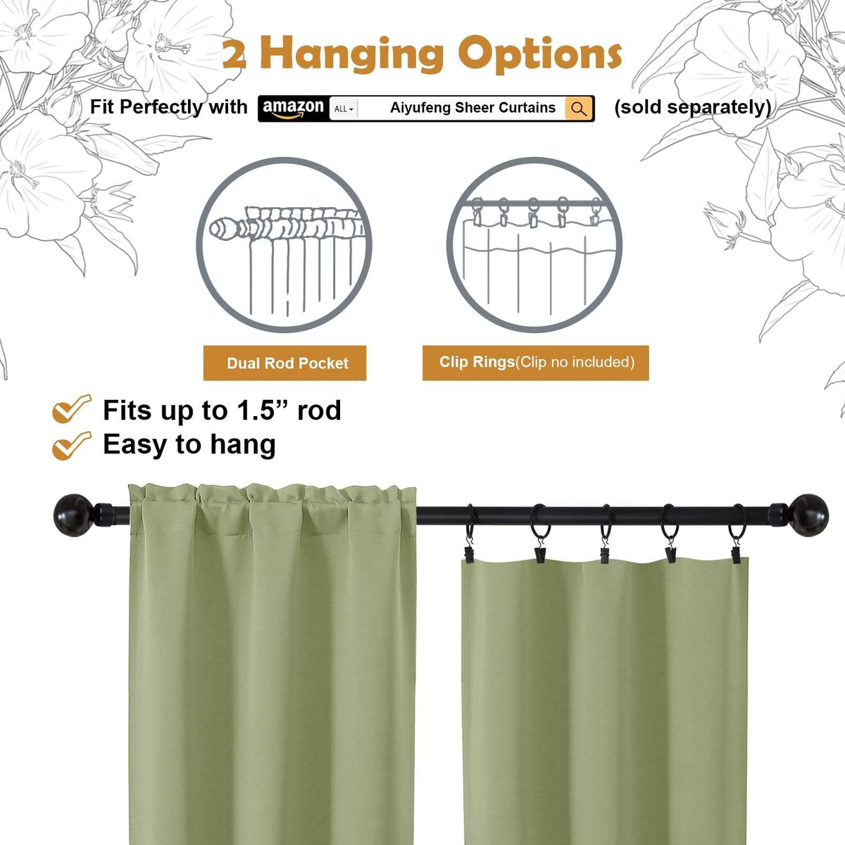 Sage Green 72 Inch Blackout Curtains 2 Panels Set G805165