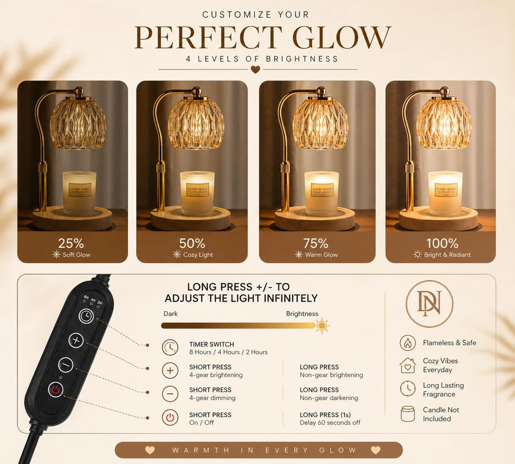 Candle Warmer Lamp with Timer & Dimmer, Adjustable Height, Crystal Glass Shade, Wooden Base, Gold Z25100