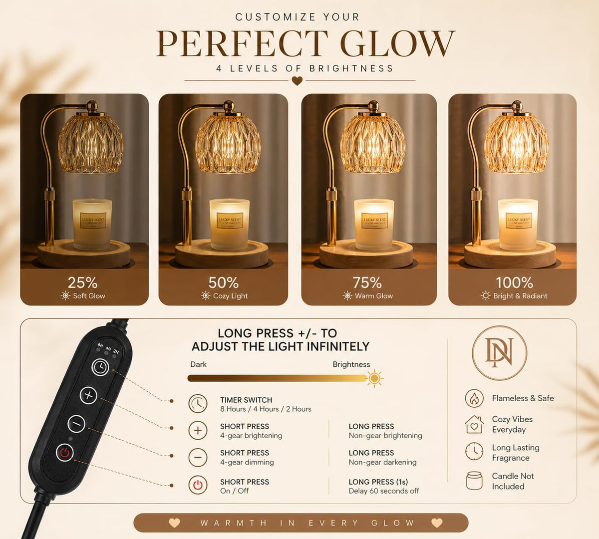 Candle Warmer Lamp with Timer & Dimmer, Adjustable Height, Crystal Glass Shade, Wooden Base, Gold Z25100