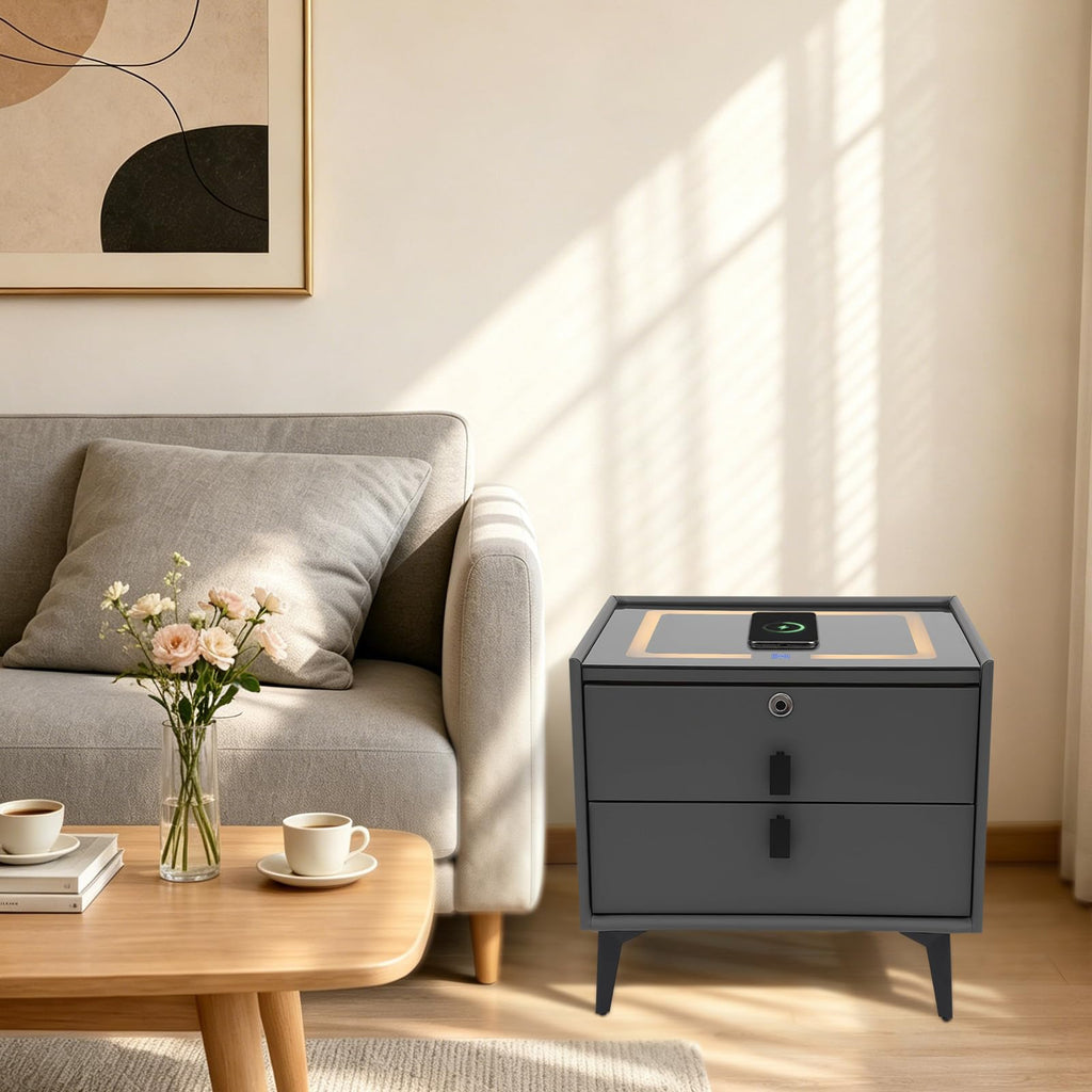 Smart Nightstand with Fingerprint Lock, Wireless Charging & 2-Drawer U327