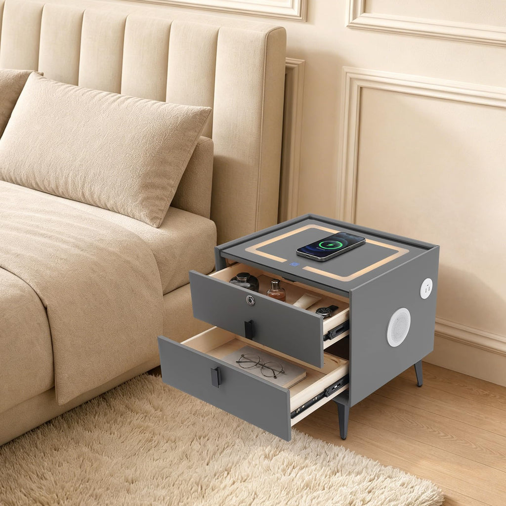 Smart Nightstand with Fingerprint Lock, Wireless Charging & 2-Drawer U327