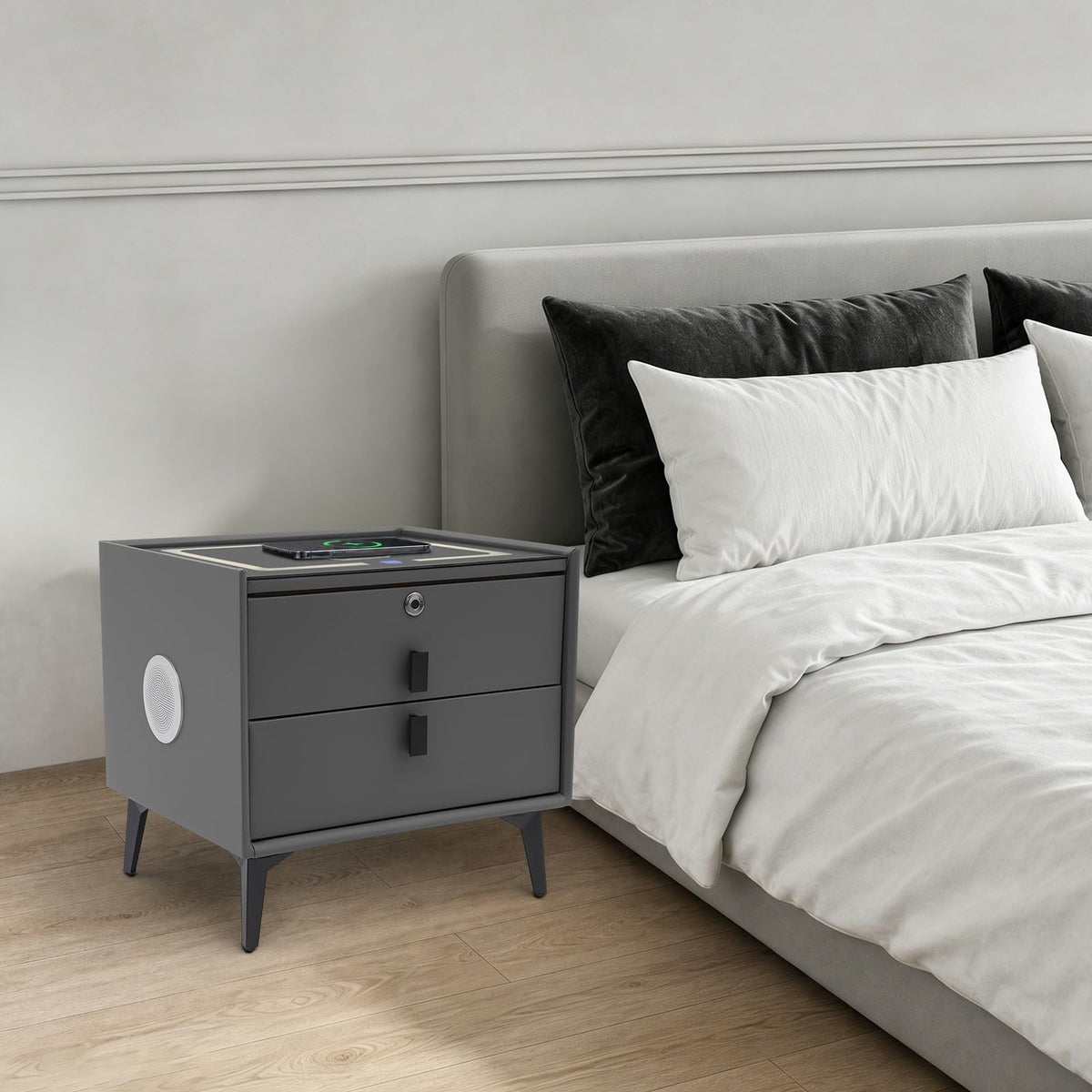 Smart Nightstand with Fingerprint Lock, Wireless Charging & 2-Drawer U327