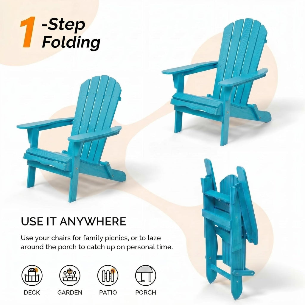 Folding Adirondack Chairs Set of 2 Solid Wood Turquoise Blue J3855