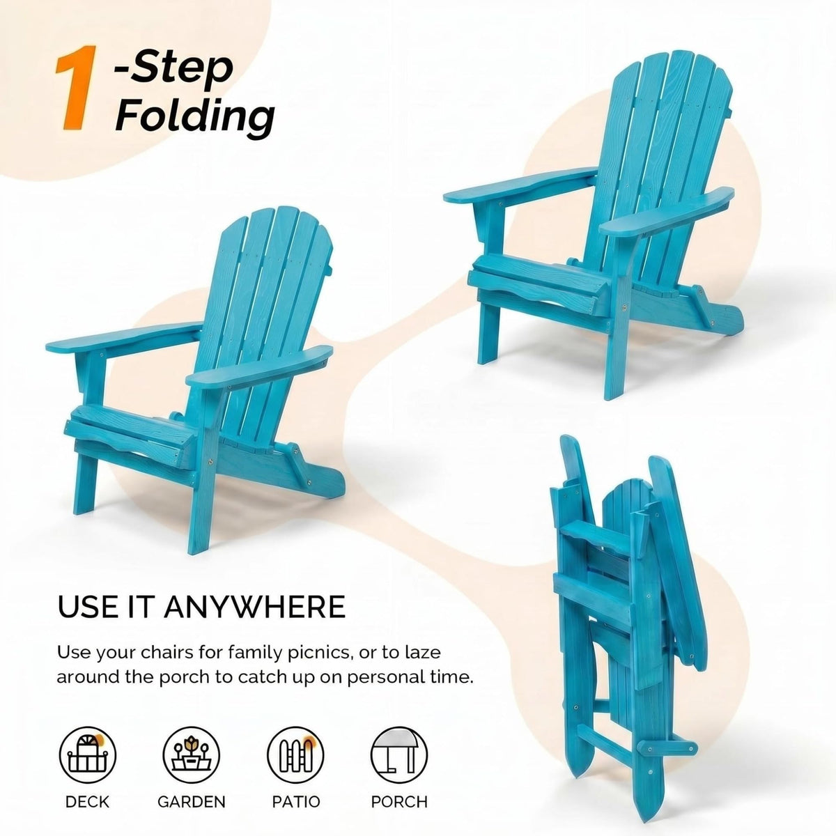 Folding Adirondack Chairs Set of 2 Solid Wood Turquoise Blue J3855