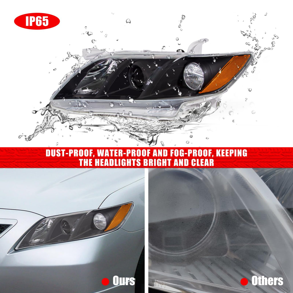 Compatible with 2007-2009 Toyota Camry Headlights Assembly Black Housing Amber Reflectors Left and Right Pairs Q83152
