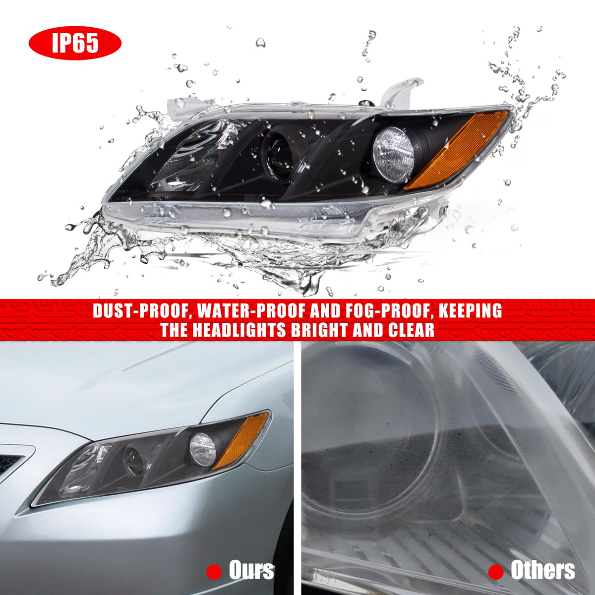 Compatible with 2007-2009 Toyota Camry Headlights Assembly Black Housing Amber Reflectors Left and Right Pairs Q83152