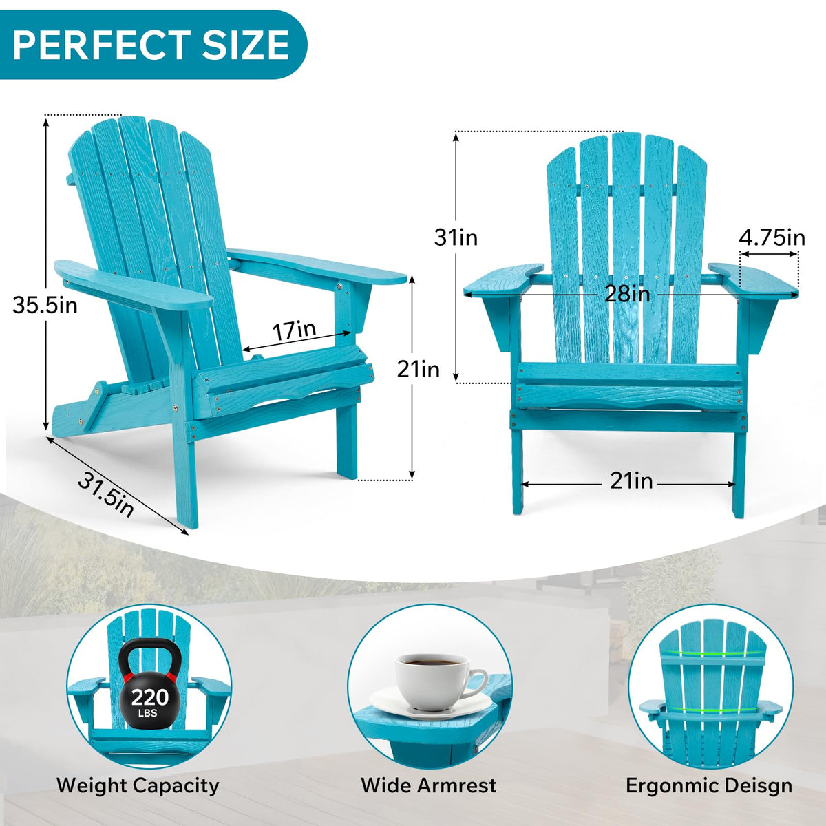 Folding Adirondack Chairs Set of 2 Solid Wood Turquoise Blue J3855